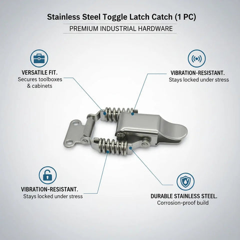 Heavy Duty 304 Stainless Steel Toggle Latch With Double Spring Draw Catch For Toolboxes And Cabinets Built Tough For Vibration Resistance And Secure Lids Easy Install Rust Proof Metal Hardware shown with features on display.