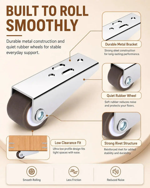Heavy Duty Sliding Door Bottom Wheels With Thick Rubber Casters And Steel Core Built Tough To Stop Sagging And Glide Slick On Vertical Tracks For Closet Doors Or Panels, featuring durable metal and quiet rubber wheels.