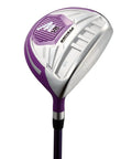 Left Handed Ladies Golf Club Set With Driver Wood Hybrid Irons Putter Graphite Shafts Three Head Covers And Stand Bag Complete All In One Regular Size Purple For Beginners To Intermediate Players - close-up of purple driver
