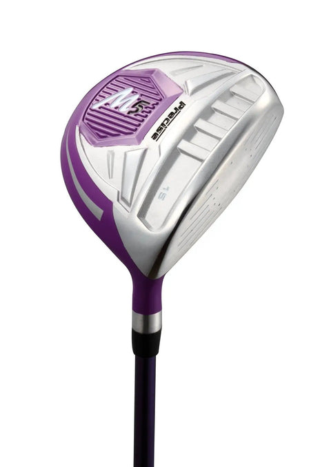 Left Handed Ladies Golf Club Set With Driver Wood Hybrid Irons Putter Graphite Shafts Three Head Covers And Stand Bag Complete All In One Regular Size Purple For Beginners To Intermediate Players - close-up of purple driver
