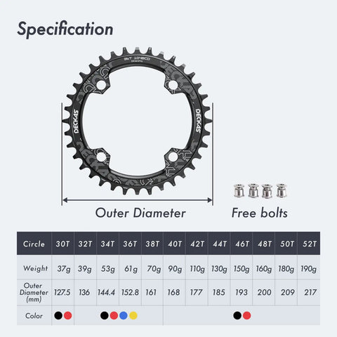 104Mm BCD Round Oval Bike Chainring 30T 32T 7075 Aluminum Lightweight CNC Machined for MTB Sizes with Outer Diameter Chart