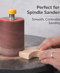 Heavy Duty Aluminum Oxide Spindle Sander Sleeves Six Pack Assorted Diameters 1/2 To 3 Inches Four And A Half Long in use on a wooden piece.