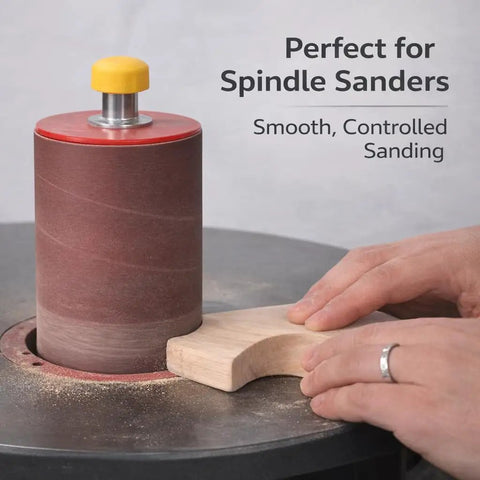 Heavy Duty Aluminum Oxide Spindle Sander Sleeves Six Pack Assorted Diameters 1/2 To 3 Inches Four And A Half Long in use on a wooden piece.