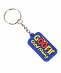 Blue and yellow Goo Fit Good Fitting keychain with metal ring and chain