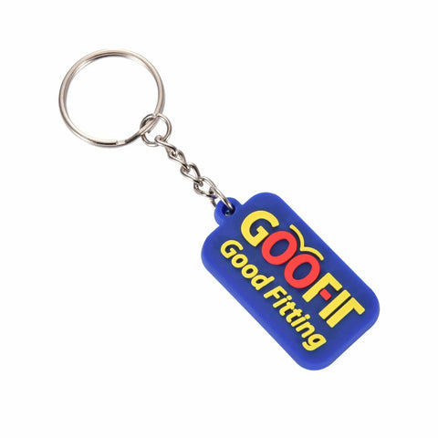 Blue and yellow Goo Fit Good Fitting keychain with metal ring and chain