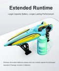Ultra Fast 2.4G RC Boat With Dual Motors And Propellers on stand, showing extended runtime and battery graphic, colorful shell.