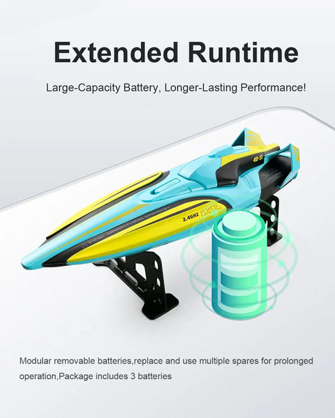 Ultra Fast 2.4G RC Boat With Dual Motors And Propellers on stand, showing extended runtime and battery graphic, colorful shell.