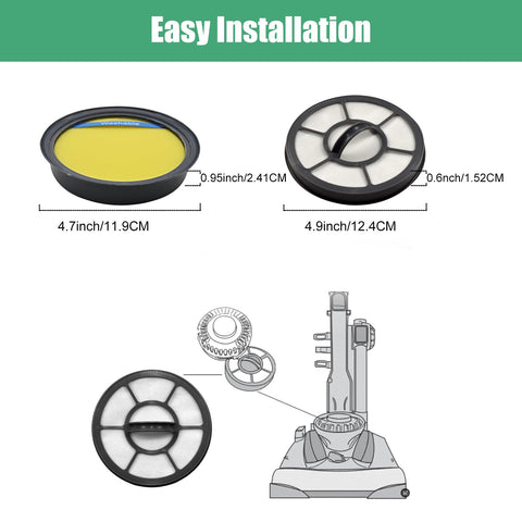 4 Pack Washable Vacuum Filter Set For DCF25 And EF7 with dimensions for easy installation, shown with vacuum cleaner illustration.