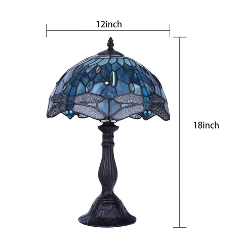 Dragonfly Tiffany Style Table Lamp with Stained Glass Shade, Bronze Base, 18 Inch Tall Bedside and Desk Light, Handmade Glass Lampshade shown