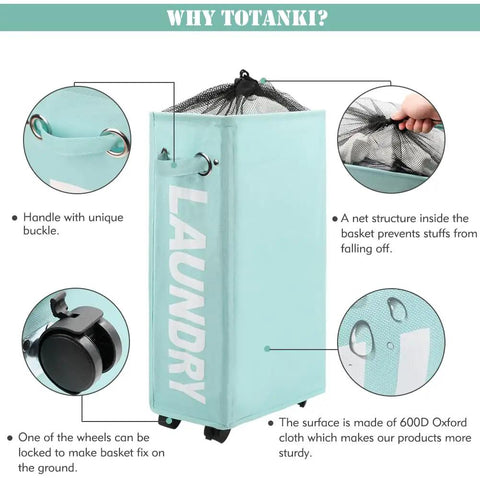 Slim Rolling Laundry Basket On Wheels With Handle, Foldable Collapsible Sorter And Organizer, Light Blue, 605D Fabric Features
