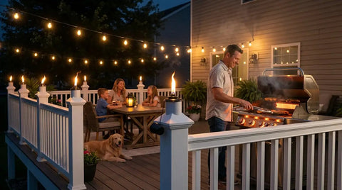 Evening deck scene with built-in torch holder for tiki torches, man grilling, family dining, and ambient lighting.