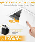 Heavy Duty Aluminum Access Panel Slick Flush Drywall Cover Smooth Push To Open Inspection Hatch Paintable Gray Plate showing a 120° opening and magnetic lock mechanism.