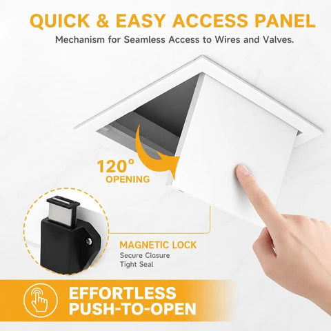 Heavy Duty Aluminum Access Panel Slick Flush Drywall Cover Smooth Push To Open Inspection Hatch Paintable Gray Plate showing a 120° opening and magnetic lock mechanism.