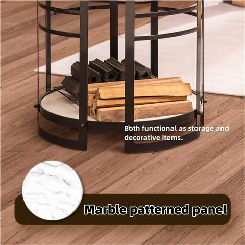 Smokeless Fire Pit For Indoor And Outdoor Use, Small Cast Iron Heater with decorative marble patterned panel, storage shown