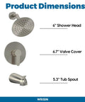 Tub And Shower Faucet Set With Valve In Brushed Nickel No Fuss Install, 6 Inch High Pressure Showerhead, dimensions shown