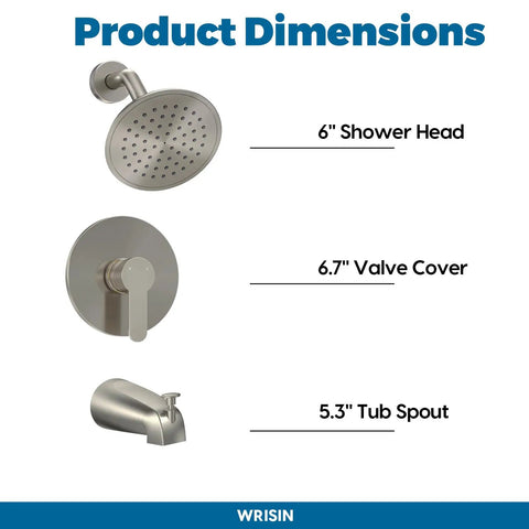 Tub And Shower Faucet Set With Valve In Brushed Nickel No Fuss Install, 6 Inch High Pressure Showerhead, dimensions shown