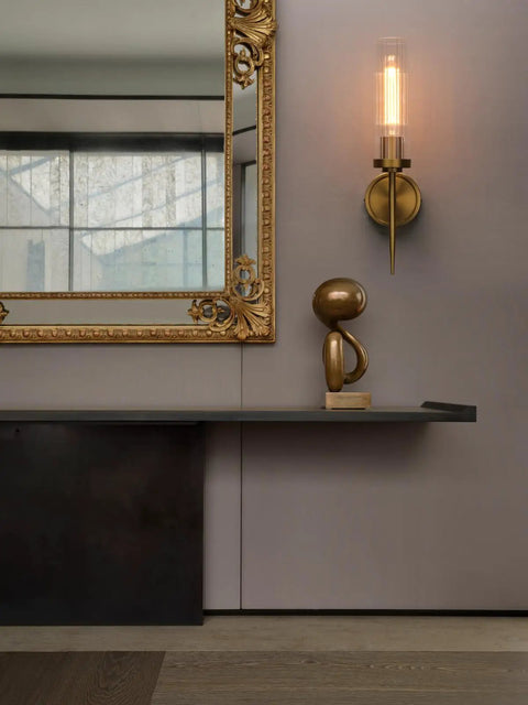 Slick Antique Brass One Light Bathroom Vanity Wall Sconce With Two Point Eight Inch Cylinder Ribbed Clear Glass Canopy E26 Compatible