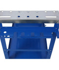 Kickass 36X18 Inch Steel Welding Table On Wheels Heavy Duty Workbench Rig With Locking Casters Built In Tool Slots And Fixture Holes top view with blue frame and stainless steel surface