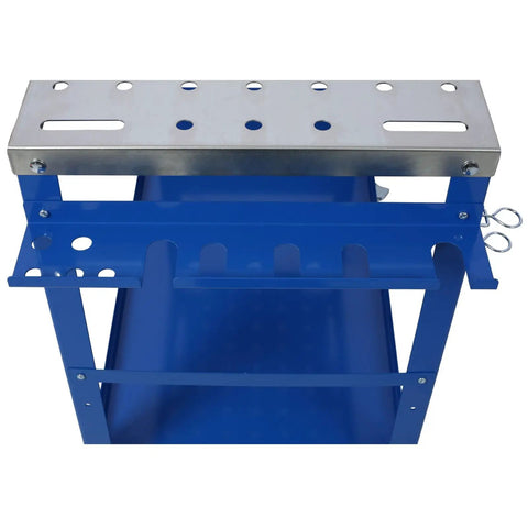 Kickass 36X18 Inch Steel Welding Table On Wheels Heavy Duty Workbench Rig With Locking Casters Built In Tool Slots And Fixture Holes top view with blue frame and stainless steel surface