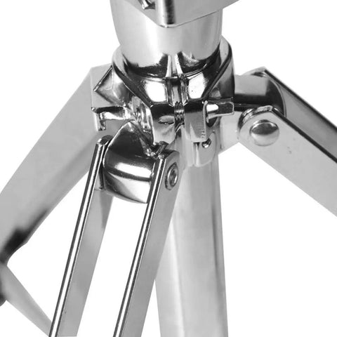 Close-up of stainless steel tripod mechanism of Straight Up Heavy Duty Drum Throne With Motorcycle Style Seat.