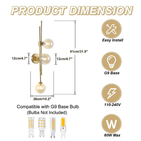 Chic Three Light Globe Glass Wall Sconces With Amber Glass Shades Mid Century Modern Indoor Wall Light Fixtures dimensions diagram