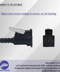 Five Sixteenth Inch Fuel Line Connector For OMC Johnson Evinrude Outboard Engines Direct Replacement Fuel Hose Fitting Compatible With Ethanol Blended Fuels Easy Install And Secure Seal, product close-up showing side and top view, black plastic material, metallic spring clamp.