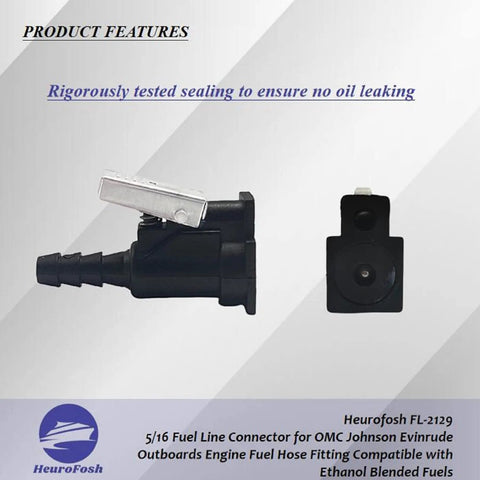 Five Sixteenth Inch Fuel Line Connector For OMC Johnson Evinrude Outboard Engines Direct Replacement Fuel Hose Fitting Compatible With Ethanol Blended Fuels Easy Install And Secure Seal, product close-up showing side and top view, black plastic material, metallic spring clamp.