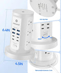 Straight Up Essential Power Strip Tower And Charging Station With Nine AC Outlets And Eight USB Ports featuring compact vertical design and retractable cord.