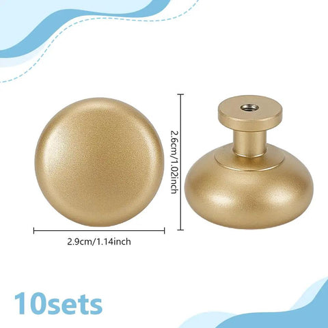 Champagne Bronze Cabinet Knobs Set Of 10 1.14 Inch Round Aluminum Alloy Drawer Pulls, top and side view with dimensions.