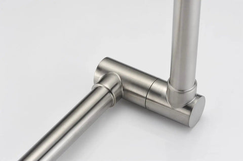 Close-up of Pot Filler Faucet Wall Mount Brushed Nickel Finish With Dual Swing Joints 304 Stainless Steel Lead Free ASME A112.18.1 CSA B125.1 Certified ICC-ES PMG Easy Fill For Busy Home Chefs showing dual swing joints