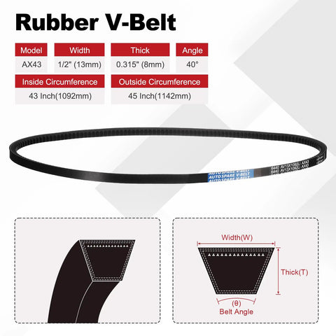AX43 Cogged V Belt Half Inch Wide Five Sixteenths Inch Thick Inner 43 Inch Outer 45 Inch Raw Edge EPDM Workhorse Industrial Belt chart