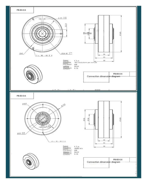 Technical diagram of Hollow Magnetic Powder Brake Clutch For Electric 24V Systems, showing dimensions and connection details.