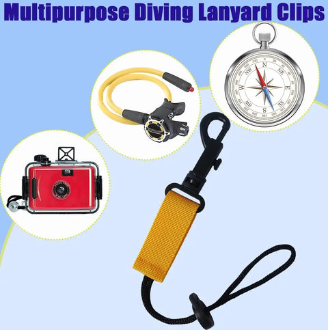 Scuba Diving Lanyard Clips 3 Pack With Durable Nylon Webbing, Adjustable Cord And Slide Locking, shown with diving gear.