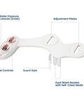 Neo 185 Dual Nozzle Bidet Attachment with two knobs, adjustment plates, and self-clean guard