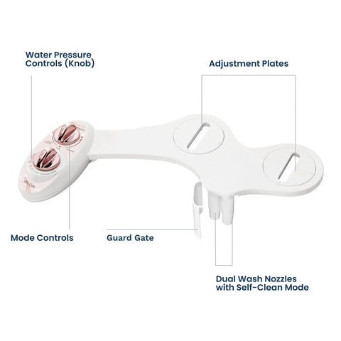 Neo 185 Dual Nozzle Bidet Attachment with two knobs, adjustment plates, and self-clean guard