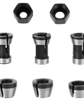 Eight Piece Router Collet Chuck Set With Pro Grade High Precision Trimmer Adapters In 6mm 6.35mm And 8mm Carbon Steel Includes Two Nuts