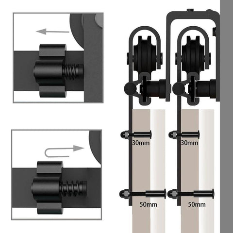 Close-up of Heavy Duty Bypass Sliding Barn Door Hardware Kit for Low Ceiling Spaces with steel rails and nylon rollers.