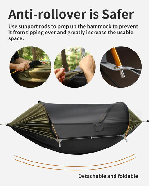 4 In 1 Camping Hammock Tent with Mosquito Net and Removable Sunshade showcasing support rods for anti-rollover feature