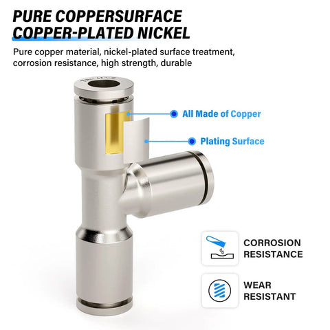 1/4 Inch Push To Connect Tee And Straight Union Fittings Copper Nickel Plated No Tools Needed For Air Tubing 290 Psi 32 To 140 F