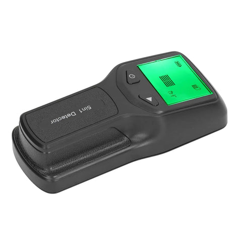 Eujgoov Stud Finder Wall Scanner 5 in 1 Detector with HD LCD Display shown in angled view with a green screen.