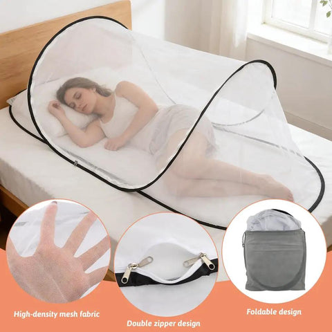 Large Pop Up Mosquito Tent For Adults on bed, shows white mesh and double zipper design, packs down to 13-inch disc.