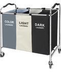 Rolling Laundry Cart With Wheels 240L 3 Section Hamper For Dirty Clothes Towels And Toys Dorm Room Organizer Heavy Duty Durable Frame With Metal Lacquer Finish Large Capacity Laundry Storage, shown with color-coded compartments.