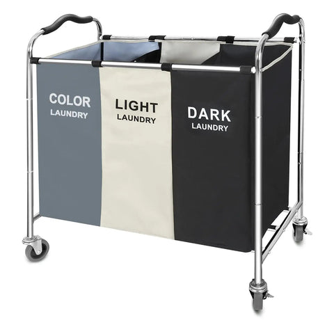Rolling Laundry Cart With Wheels 240L 3 Section Hamper For Dirty Clothes Towels And Toys Dorm Room Organizer Heavy Duty Durable Frame With Metal Lacquer Finish Large Capacity Laundry Storage, shown with color-coded compartments.