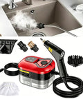 Heavy Duty Handheld Steam Cleaner Generating Scalding 2500W Heat To Blast Away stubborn kitchen grease and grout near working sink.