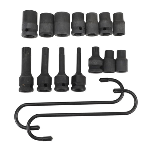 Sorandy 16 Piece Impact Brake Caliper Socket Set For German Cars With Storage Case Master Tool Kit Includes Pentagonal Hexagonal 7 Tooth Drives, black steel sockets and hooks