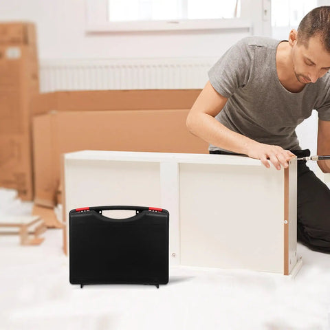 Go Anywhere Plastic Tool Box Organizer With Tight Seal Lid And Balanced Handle for DIY repairs beside a man assembling furniture.