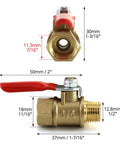 Heavy Duty Brass Ball Valve Set 10 Pack One Quarter Inch Male To Female NPT Shut Off Fittings with size measurements