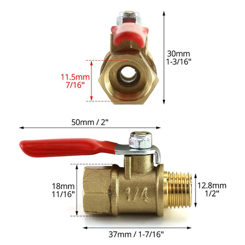 Heavy Duty Brass Ball Valve Set 10 Pack One Quarter Inch Male To Female NPT Shut Off Fittings with size measurements