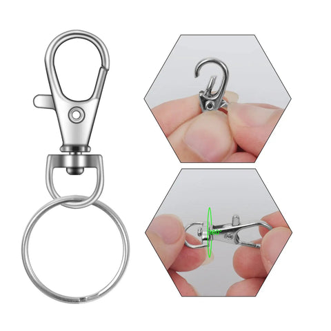 Heavy Duty 104 Piece Swivel Snap Hooks With Silver Lobster Claw Clasps And Keychain Rings For Diy Craft Projects showing clasp and keychain rings.