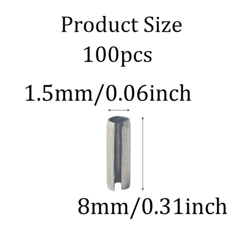 Top Shelf 100 Piece M1.5 X 8mm Slotted Spring Pins Crafted From Hella Solid 304 Stainless Steel showing pin size and details.